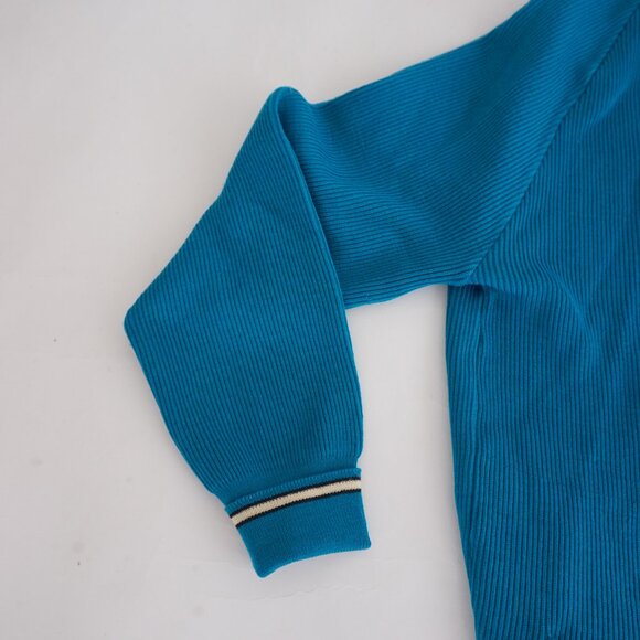 Vintage Italian Art Knitting Teal Ribs Knit Button Cardigan Stripe Collar L (42) - Picture 8 of 9
